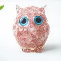 Figurine chouette en résine avec cristaux roses naturels et yeux bleus pour bureau - Quartz Pastèque