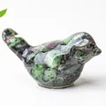 Resin bird figurine crafted with natural green and purple crystal stones for home decor - Ruby Zoisite