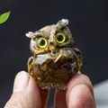Miniature amber resin owl figurine with crystal chips and yellow eyes for desktop decor - Tiger's Eye