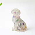 Sitting puppy dog statue crafted from resin and natural purple amethyst crystal - Colorful Fluorite