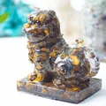 Bulldog resin figurine crafted with natural tiger eye crystal stones on a rectangular base - Tiger's Eye