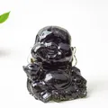 Polished black crystal Laughing Buddha figurine for home decor and desktop ornament - Obsidian