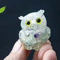 Handcrafted fluorite owl figurine with purple and green crystals in a clear resin base - Colorful Fluorite