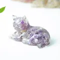 Figurine de chat en résine avec cristaux d'améthyste naturels pour décoration de table - Violet de Rêve
