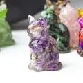 Purple amethyst resin lucky cat figurine with crushed crystal stone for home decor - Dreamy Purple