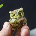Miniature owl figurine made of green resin and natural crystal stones for desk decor - Unakite