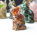 Lucky cat resin statue with orange gemstones and polished transparent finish - Red Agate