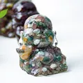 Laughing Buddha statue in clear resin with colorful natural crystal stone filling - Ocean Jasper