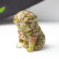 Cute resin pug sculpture with colorful natural stone fragments in crystal clear finish - Unakite