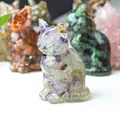 Lucky cat statue made of clear resin filled with colorful natural crystal stones - Colorful Fluorite