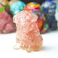 Pink translucent resin Shar Pei puppy figurine with crystal texture on colorful stones - Watermelon Quartz