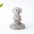 Meditating dog figurine with purple and green crystal stone inlay for desktop decor - Colorful Fluorite