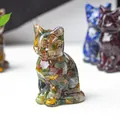 Lucky cat figurine made of clear resin with polished gemstones and tiger eye stones - Ocean Jasper