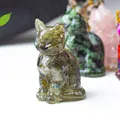 Green resin lucky cat statue with stone textures for home and shop decoration - Black Labradorite