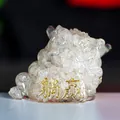 Macro view of crystal resin pig statue with gold Tang Ying text and natural stone inlay - White Crystal