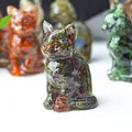 Maneki Neko lucky cat statue with colorful crushed stones and gold foil in clear resin - Dragon Blood Stone