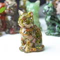 Maneki Neko cat statue made of mixed natural crushed stone resin in a seated pose - Unakite