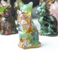 Handcrafted lucky cat figurine made of resin with colorful natural crystal stone chips - Colorful Cat Eye