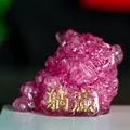 Pink translucent resin toad statue with crystal texture and gold Tangying carving - Deep Pink