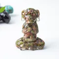 Meditating dog figurine with natural unakite stone chips in clear resin finish - Unakite