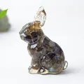 Standing rabbit figurine in clear resin with embedded dark natural crystal stones - Black Labradorite