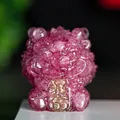 Pink translucent guardian lion figurine made of resin crystal with lucky gold plaque - Deep Pink