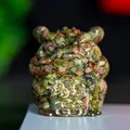 Three-legged fortune toad resin statue with natural green stone chips and gold Fu character - Unakite