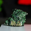 Three-legged money toad resin crystal ornament in green epidote with golden character - Ruby Zoisite