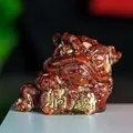 Three-legged toad resin ornament with red crystal chips and golden Tang Ying text - Red Jasper