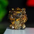 Tiger Eye Stone Pixiu Statue with Prosperous Inscription on Resin Crystal Base - Tiger Eye Stone