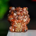 Lucky cat crystal ornament in red resin finish with gold Fortune plaque detail - Red Agate