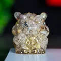 Three-legged wealth toad crystal resin statue with golden prosperity plaque - Rutilated Quartz