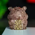 Pink strawberry crystal three-legged toad wealth ornament with lucky gold coin - Strawberry Quartz