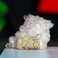 Pink resin three-legged toad figurine with natural crystal and gold lettering - Rose Quartz