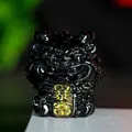 Polished black crystal resin lucky beast statue with gold Wealthy text inscription - Obsidian