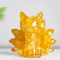 Figurine artisanale de renard à neuf queues en résine ambrée avec feuilles d'or - Citrine
