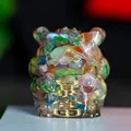 Three-legged fortune toad statue made of resin with colorful natural crystal stones - Colorful Cat Eye