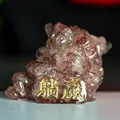 Three-legged golden toad resin crystal ornament in purple hue with gold calligraphy - Strawberry Quartz