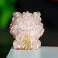 Pink crystal fortune lion statue with gold engraved rich blessing for home decor - Rose Quartz