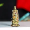 Nine-tier resin pagoda statue with green and red natural crystal stones for desk decor - Unakite