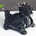 Polished black crystal resin dragon turtle statue with traditional coin detail - Obsidian