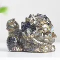 Handcrafted labradorite resin dragon turtle figurine with iridescent blue fire effect - Black Labradorite