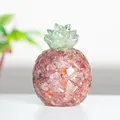 Handcrafted resin pineapple decor with natural strawberry quartz and green fluorite crystals - Pink (LC)