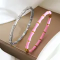 Bracelet jonc style bambou en finition argentée et émail rose plaqué or 18 carats - Argent et Rose
