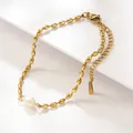 Golden stainless steel beaded bracelet with a single pearl and lobster clasp closure - Artificial Pearl Bracelet (LM012SL) / Gold