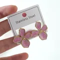 Detailed close-up of pink flower petal earrings with gold finish on stainless steel - Pink Flower Earrings (FYD6125EH)