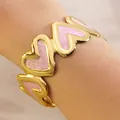 Pink heart enamel C-shaped bangle in gold finish minimalist stainless steel bracelet - Pink