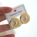 Stainless steel moon stud earrings with white enamel finish and gold accents - Moon Earrings (FYD6131EH)