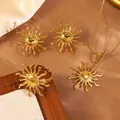 Polished gold sunburst jewelry set with necklace earrings and ring on brown silk - Sun Earrings Necklace And Ring Combination (FYD6065EH+FYD6065JZ+FYD6065XL)
