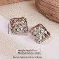 Macro shot of silver woven texture stainless steel earrings with size and weight info - Woven Square (FYD6077-1)
